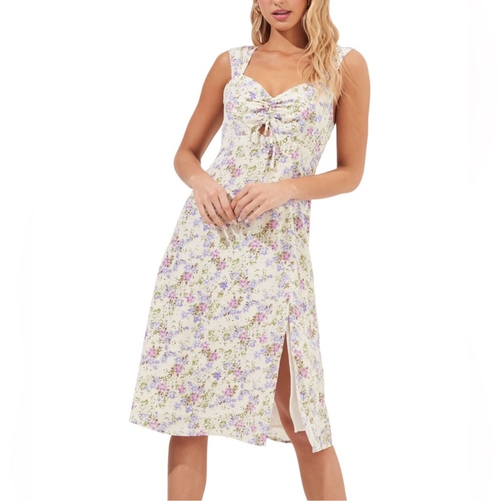NWOT ASTR The Label Cinched Bust Cream Purple Floral Print MIDI Dress Women’s Lg